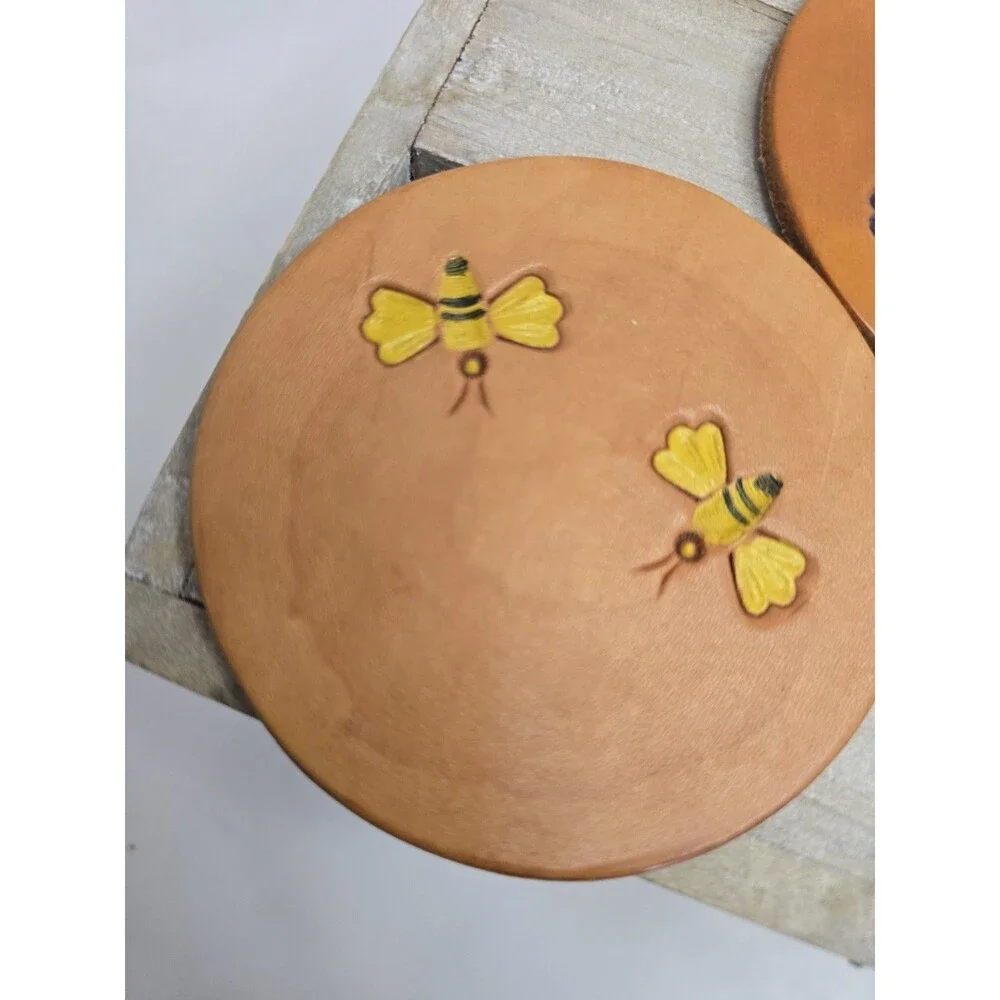 Vintage Tooled Leather Coasters Set of 4 Hand Painted Bee Frog Butterfly Bird